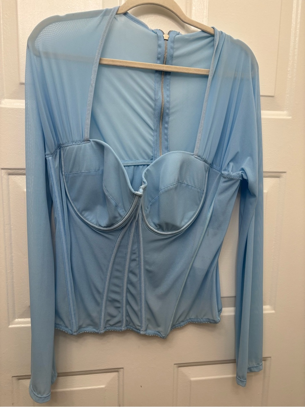 Sheer Light Blue Long-Sleeve Underwire Corset Top